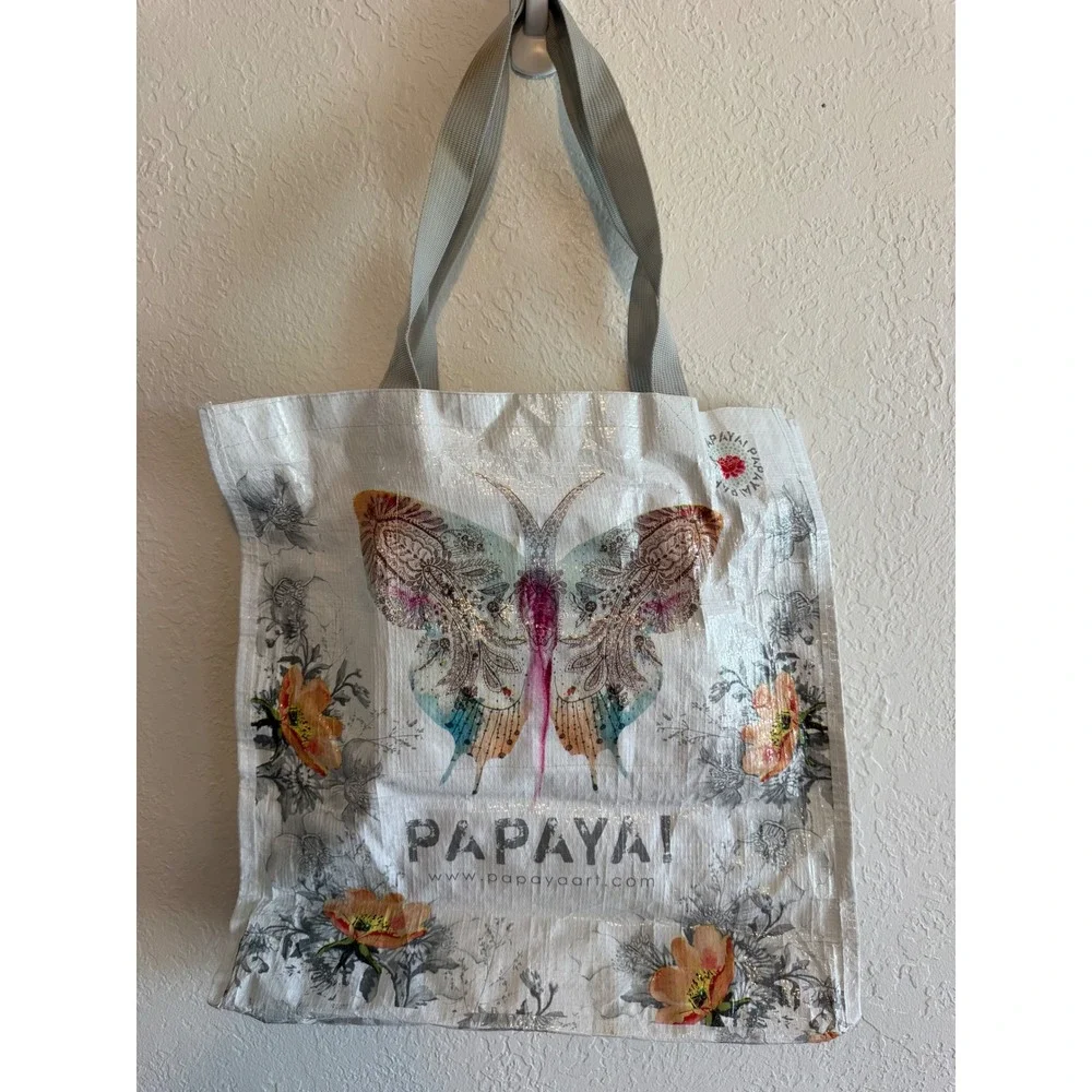 Papaya Art Butterfly Floral‎ Reusable Tote Bag Woven Shopper White Boho